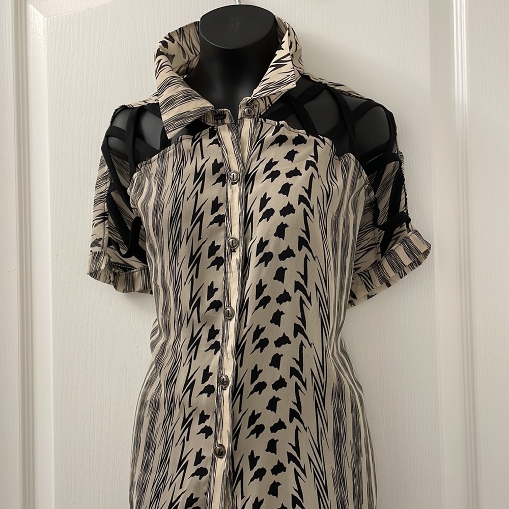 Mendocino button up blouse sheer with cut outs on short sleeves Sz M
